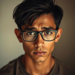 A poignant portrait of a young, skinny Latin man wearing stylish glasses