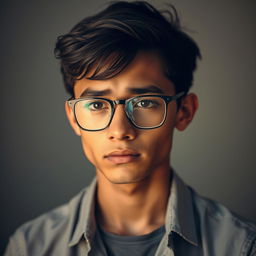A poignant portrait of a young, skinny Latin man wearing stylish glasses