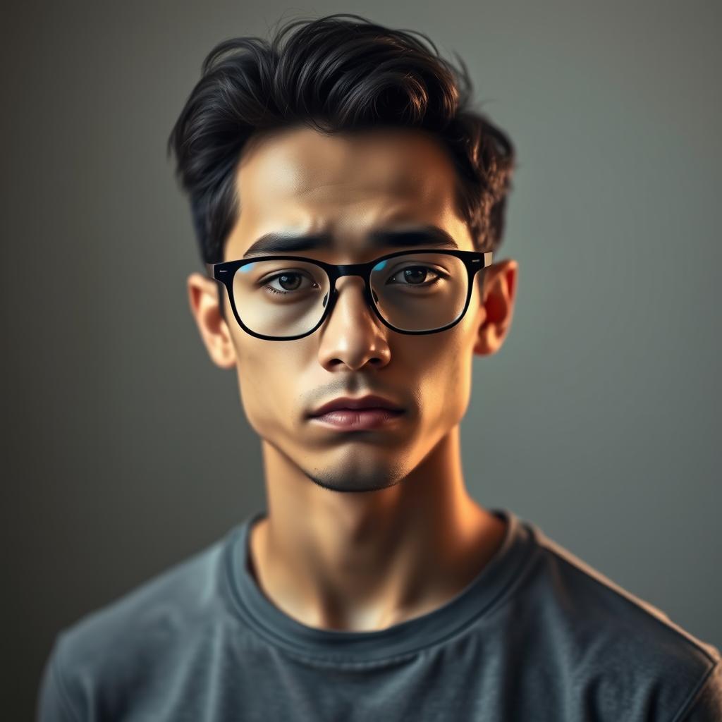 A poignant portrait of a young, skinny Latin man wearing stylish glasses