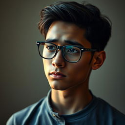 A poignant portrait of a young, skinny Latin man wearing stylish glasses