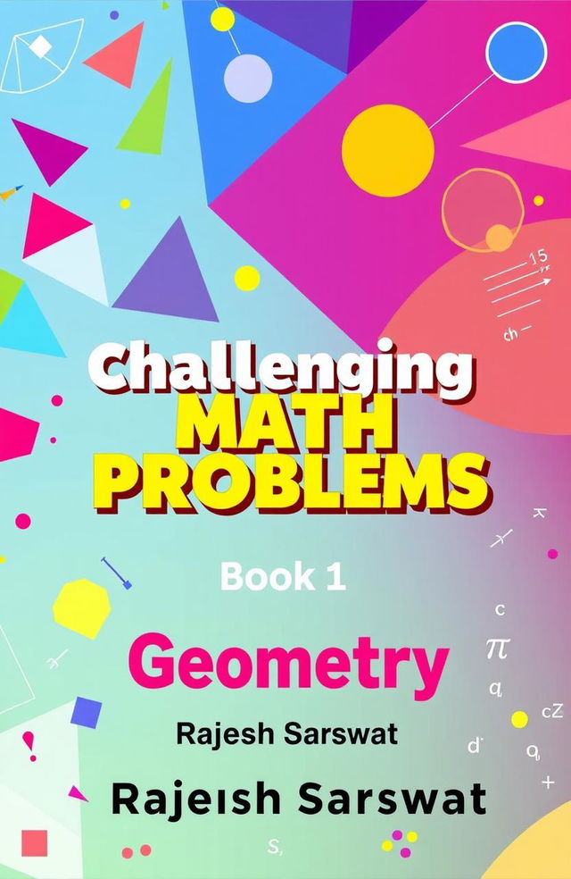 A vibrant and eye-catching book cover for a math book series titled 'Challenging Math Problems' Book 1 (Geometry) by Rajesh Sarswat