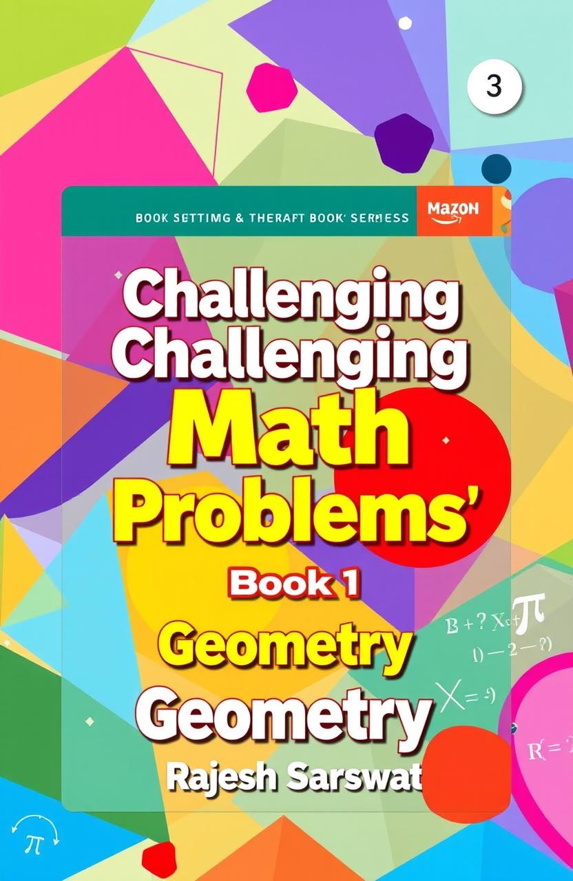 A vibrant and eye-catching book cover for a math book series titled 'Challenging Math Problems' Book 1 (Geometry) by Rajesh Sarswat