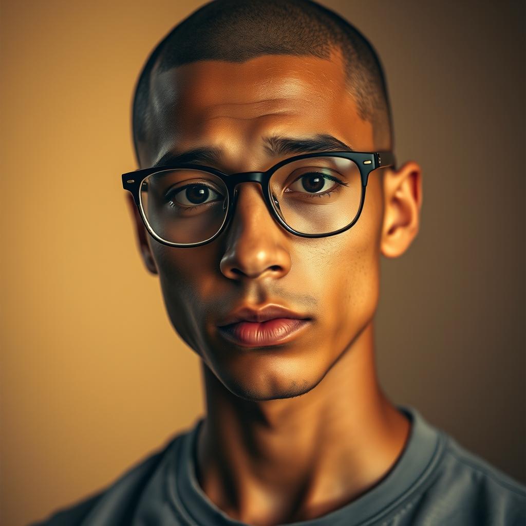 A poignant portrait of a young, skinny Latin man with a shaved head wearing stylish glasses