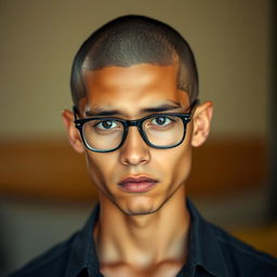 A poignant portrait of a young, skinny Latin man with a shaved head wearing stylish glasses