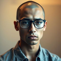 A poignant portrait of a young, skinny Latin man with a shaved head wearing stylish glasses