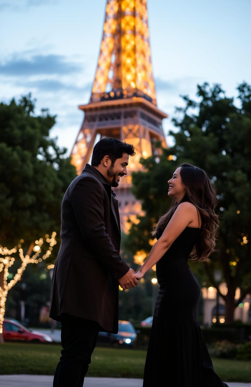 A romantic couple holding hands in front of the Eiffel Tower, expressing love and affection