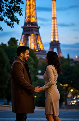 A romantic couple holding hands in front of the Eiffel Tower, expressing love and affection