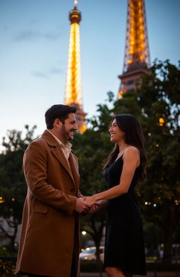 A romantic couple holding hands in front of the Eiffel Tower, expressing love and affection
