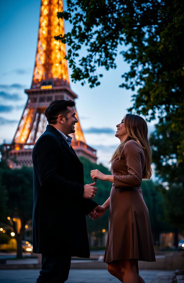 A romantic couple holding hands in front of the Eiffel Tower, expressing love and affection