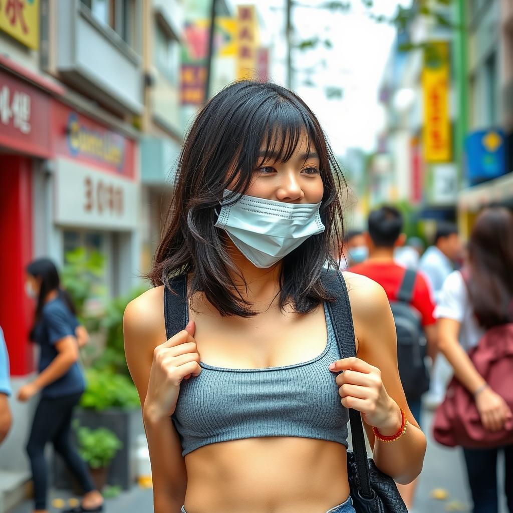 A beautiful black-haired Japanese college student wearing a stylish mask, outdoors in a lively urban atmosphere