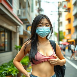 A beautiful black-haired Japanese college student wearing a stylish mask, outdoors in a lively urban atmosphere