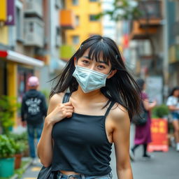 A beautiful black-haired Japanese college student wearing a stylish mask, outdoors in a lively urban atmosphere