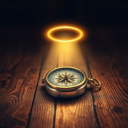 A book cover design featuring a detailed compass resting on a rustic wooden table