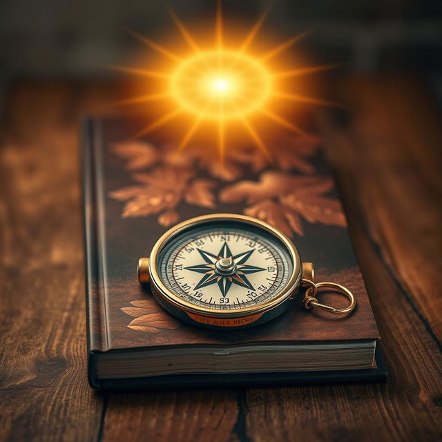 A book cover design featuring a detailed compass resting on a rustic wooden table