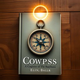 A book cover design featuring a detailed compass resting on a rustic wooden table