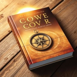 A book cover design featuring a detailed compass resting on a rustic wooden table