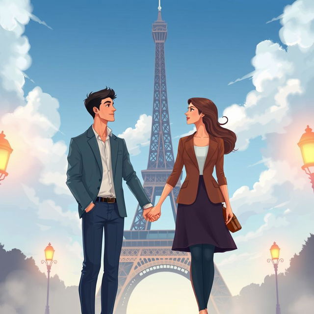 A romantic scene featuring a couple holding hands in front of the Eiffel Tower