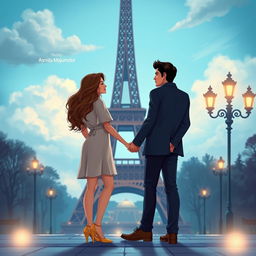 A romantic scene featuring a couple holding hands in front of the Eiffel Tower