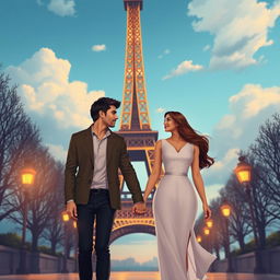 A romantic scene featuring a couple holding hands in front of the Eiffel Tower