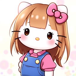 A cute Hello Kitty character with straight brown hair, dressed in a blue overall and a pink shirt