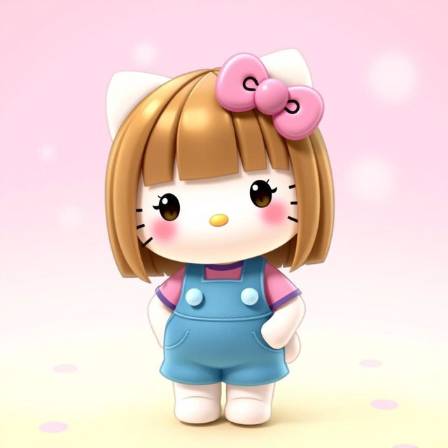 A cute Hello Kitty character with straight brown hair, dressed in a blue overall and a pink shirt