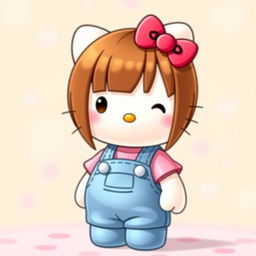 A cute Hello Kitty character with straight brown hair, dressed in a blue overall and a pink shirt