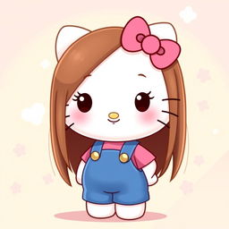 A cute Hello Kitty character with straight brown hair, dressed in a blue overall and a pink shirt