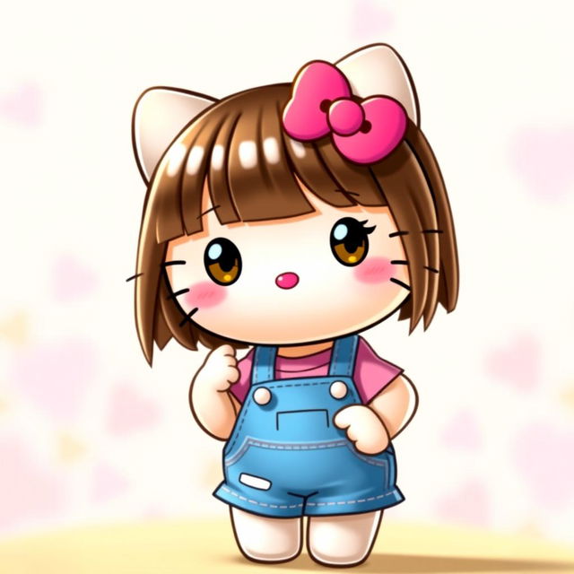 A cute Hello Kitty character with straight brown hair, slightly tanned skin, wearing blue overalls and a pink shirt underneath