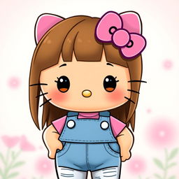 A cute Hello Kitty character with straight brown hair, slightly tanned skin, wearing blue overalls and a pink shirt underneath