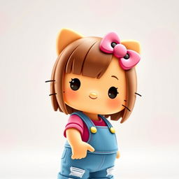 A cute Hello Kitty character with straight brown hair, slightly tanned skin, wearing blue overalls and a pink shirt underneath