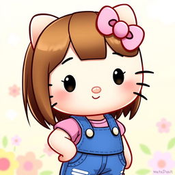 A cute Hello Kitty character with straight brown hair, slightly tanned skin, wearing blue overalls and a pink shirt underneath