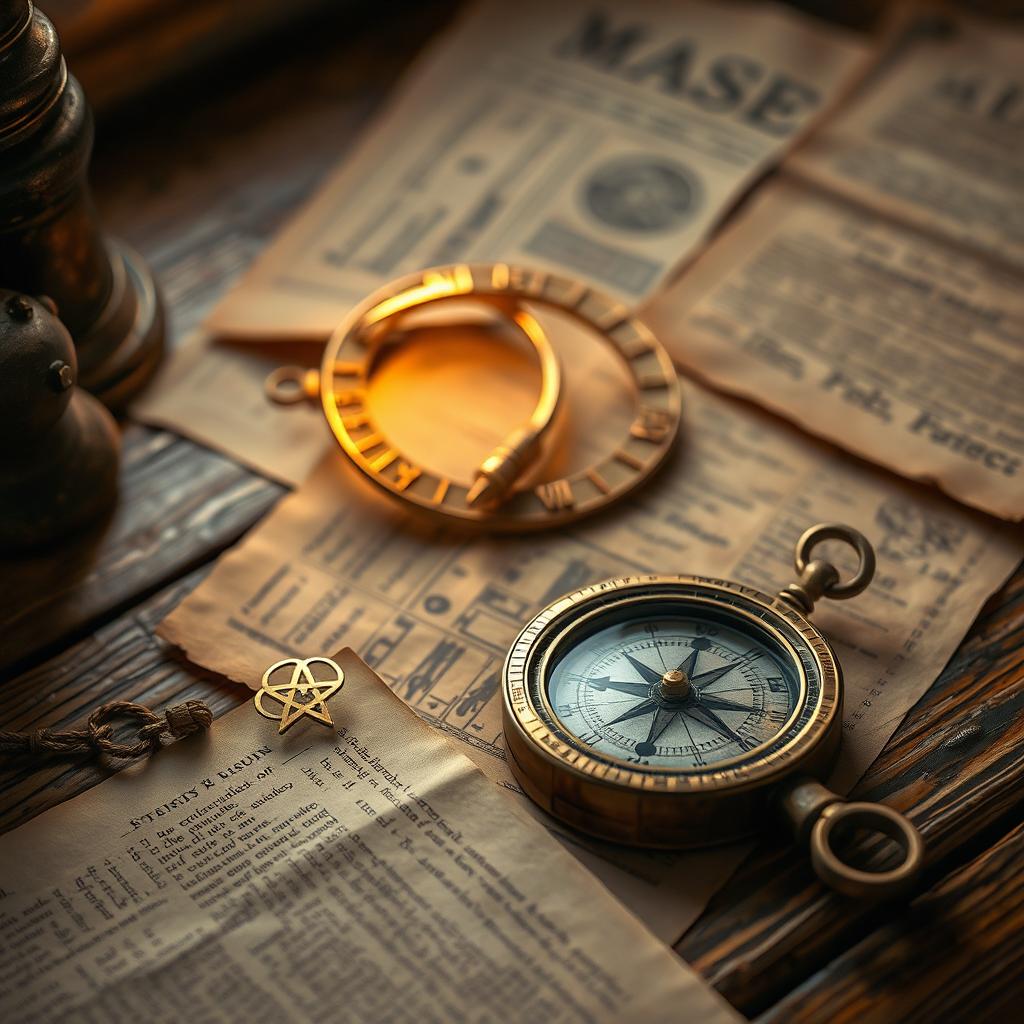 a compass and a golden halo resting on a wooden table, surrounded by ancient papers, creating an atmosphere of mystery and antiquity, warm light illuminating the scene, intricate details on the compass, the golden halo glimmering softly, with rustic textures of the wood and aged paper, evoking a sense of discovery and exploration