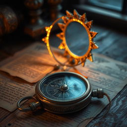 a compass and a golden halo resting on a wooden table, surrounded by ancient papers, creating an atmosphere of mystery and antiquity, warm light illuminating the scene, intricate details on the compass, the golden halo glimmering softly, with rustic textures of the wood and aged paper, evoking a sense of discovery and exploration
