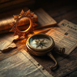 a compass and a golden halo resting on a wooden table, surrounded by ancient papers, creating an atmosphere of mystery and antiquity, warm light illuminating the scene, intricate details on the compass, the golden halo glimmering softly, with rustic textures of the wood and aged paper, evoking a sense of discovery and exploration