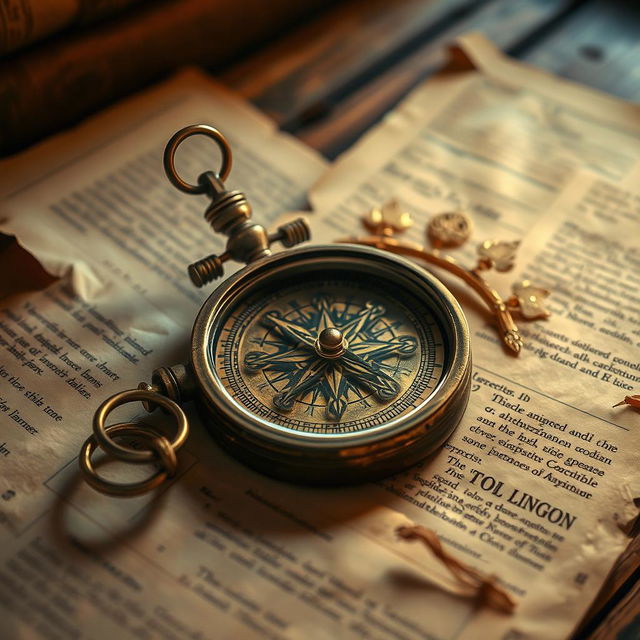 a compass and a golden halo resting on a wooden table, surrounded by ancient papers, creating an atmosphere of mystery and antiquity, warm light illuminating the scene, intricate details on the compass, the golden halo glimmering softly, with rustic textures of the wood and aged paper, evoking a sense of discovery and exploration