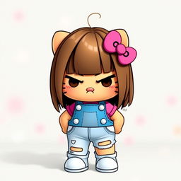 A cute yet slightly grumpy Hello Kitty character with straight brown hair and slightly tanned skin