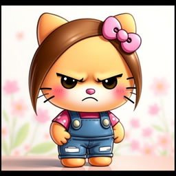 A cute yet slightly grumpy Hello Kitty character with straight brown hair and slightly tanned skin