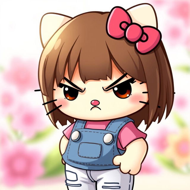 A cute yet slightly grumpy Hello Kitty character with straight brown hair and slightly tanned skin