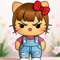 A cute yet slightly grumpy Hello Kitty character with straight brown hair and slightly tanned skin