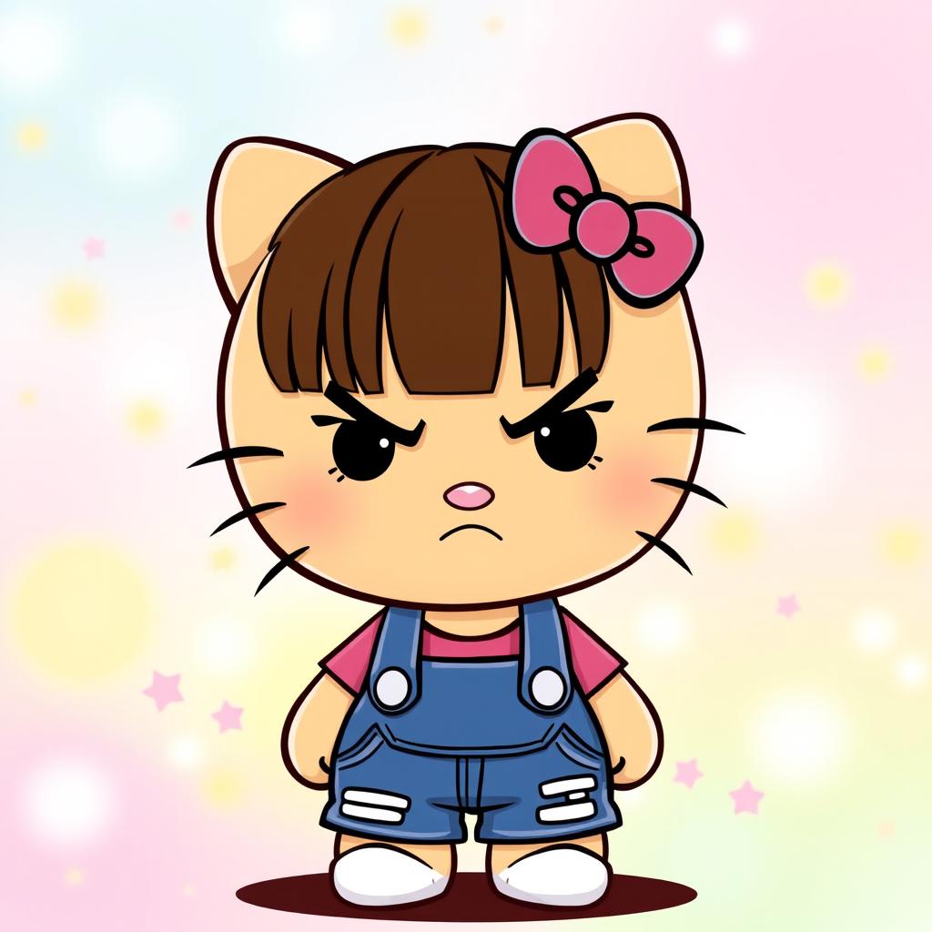 A slightly grumpy Hello Kitty character with straight brown hair and a slightly tanned complexion