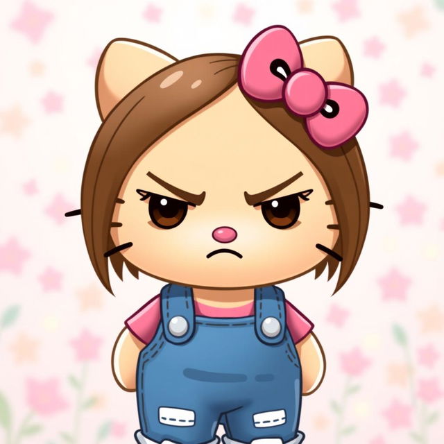 A slightly grumpy Hello Kitty character with straight brown hair and a slightly tanned complexion