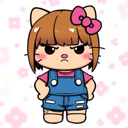 A slightly grumpy Hello Kitty character with straight brown hair and a slightly tanned complexion