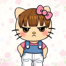 A slightly grumpy Hello Kitty character with straight brown hair and a slightly tanned complexion