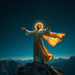 A brilliant man dressed in priestly robes, with a golden halo glowing above his head, standing triumphantly on top of a majestic mountain at night