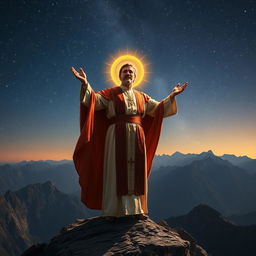 A brilliant man dressed in priestly robes, with a golden halo glowing above his head, standing triumphantly on top of a majestic mountain at night