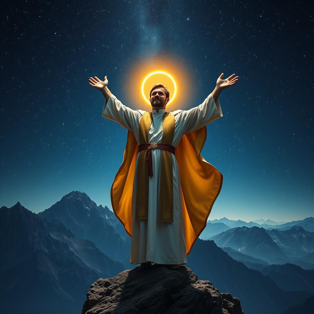 A brilliant man dressed in priestly robes, with a golden halo glowing above his head, standing triumphantly on top of a majestic mountain at night