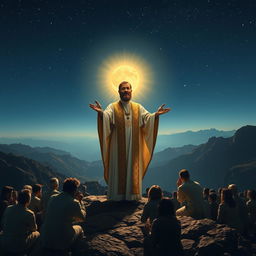 A radiant man wearing priestly robes, with a golden halo above his head, standing on an unrecognizable mountain at night