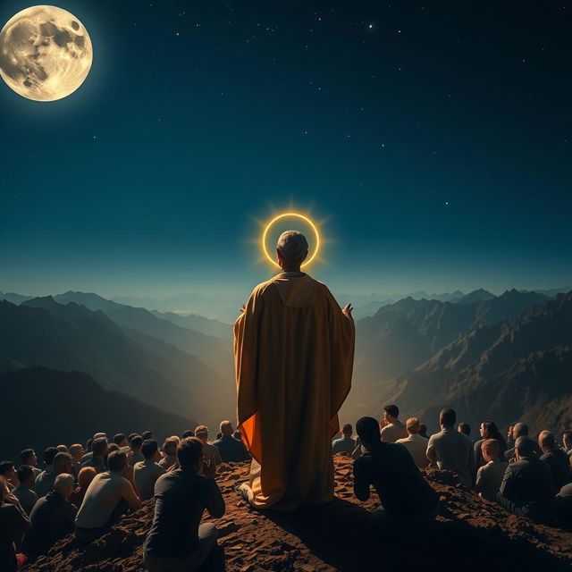 A radiant man wearing priestly robes, with a golden halo above his head, standing on an unrecognizable mountain at night