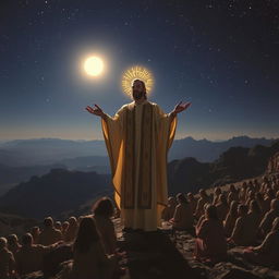 A radiant man wearing priestly robes, with a golden halo above his head, standing on an unrecognizable mountain at night