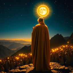 A radiant man wearing priestly robes, with a golden halo above his head, standing on an unrecognizable mountain at night